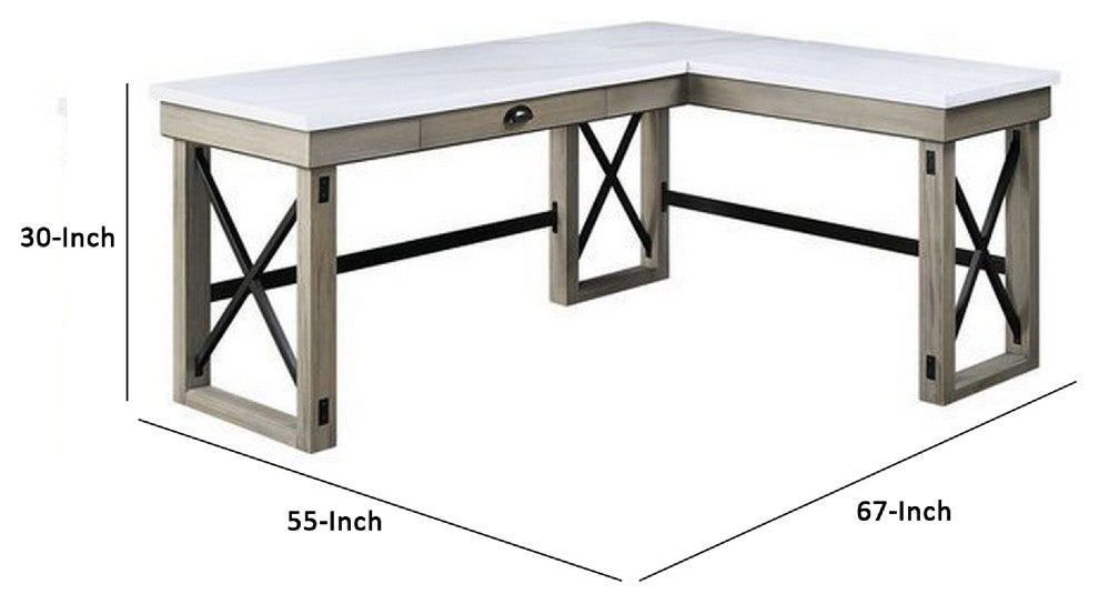 Benzara BM269056 L Shaped Writing Desk, Marble Lift Top & Sled Base, Gray/White
