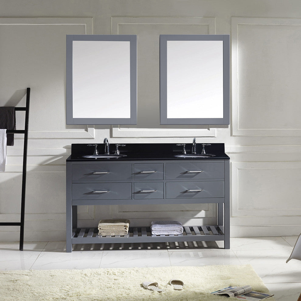 Virtu Caroline Estate 60" Double Bathroom Vanity, Gray, Faucet and Mirrors