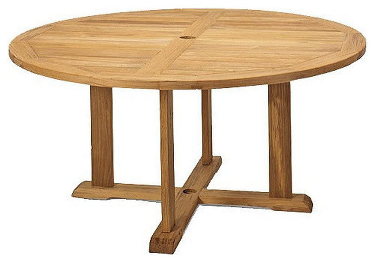 7-Piece Outdoor Teak Dining Set: 60" Round Table, 6 Grand Stacking Arm Chairs