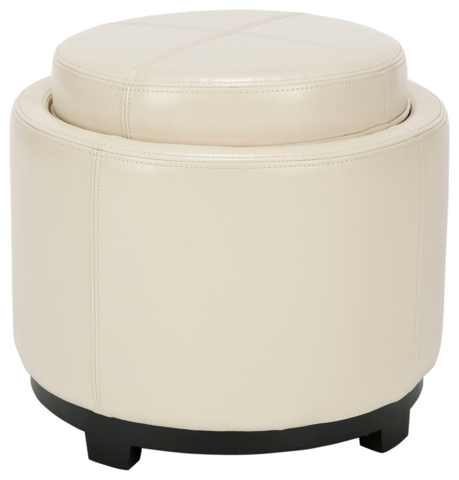 Safavieh Chelsea Round Tray Ottoman, Flat Cream Leather