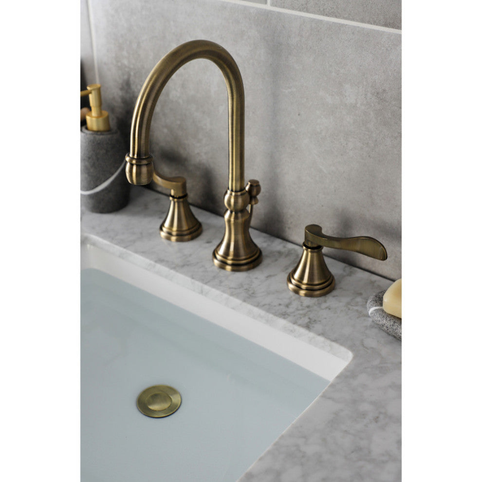 KS2983DFL Widespread Bathroom Faucet With Brass Pop-Up, Antique Brass
