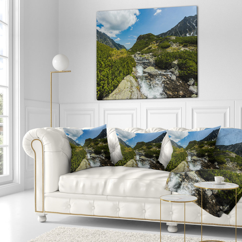 Alpine Stream in High Mountains Landscape Printed Throw Pillow, 18"x18"