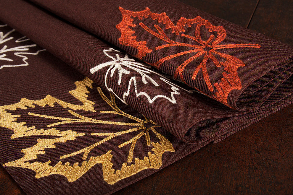Rustic Autumn Embroidered Fall Table Runner, Coffee, 16"x70"