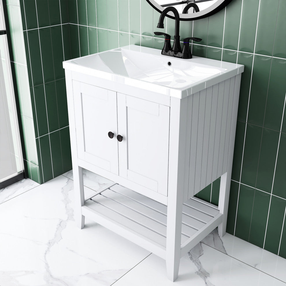 24" Wood Freestanding Bathroom Vanity with Integrated Ceramic Sink, White, 24" X
