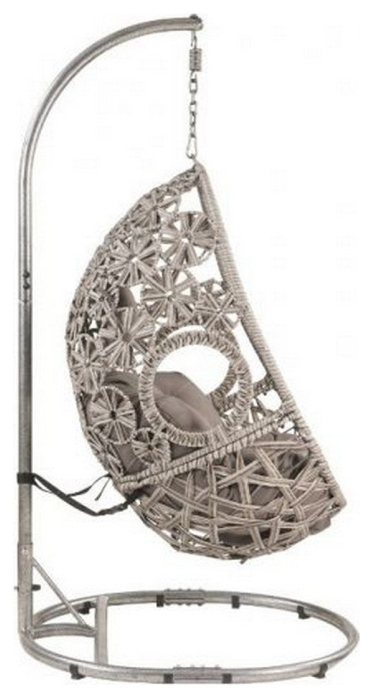 Benzara BM269031 Patio Hanging Chair With Open Circular Motifs, Gray