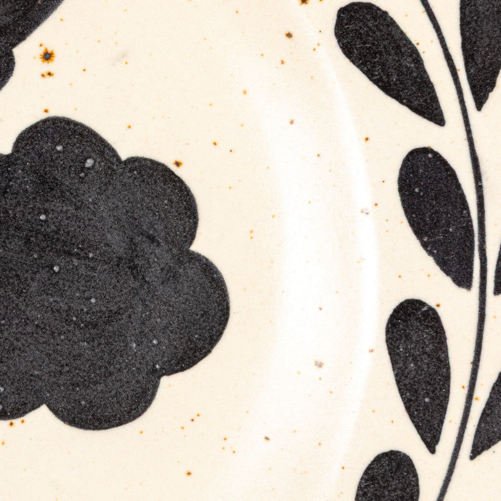 Hand Painted Stoneware Platter with Floral Design, Black and White