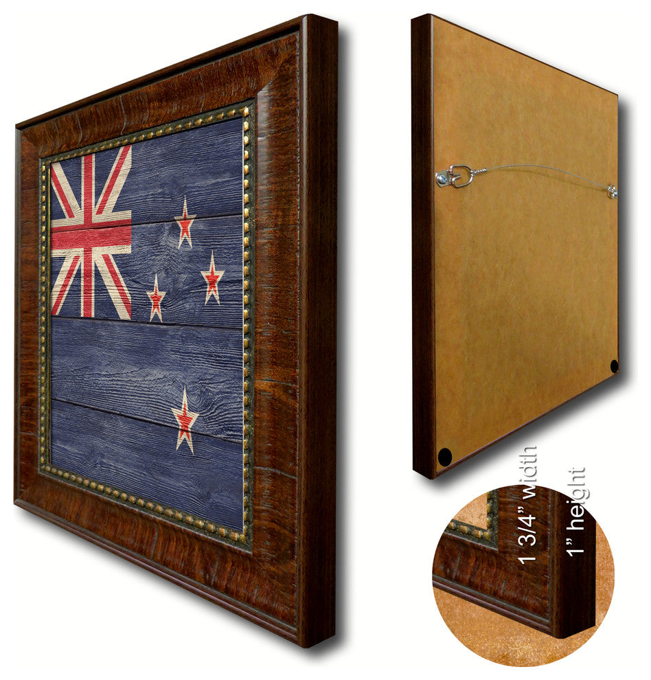 New Zealand Country Textured Flag Print With Brown Gold Frame, 23"X33"