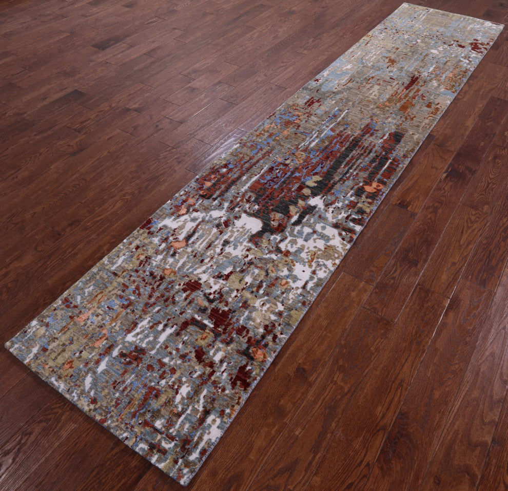 2' 7" X 12' 0" Abstract Wool and Silk Hand Knotted Runner Rug Q6864