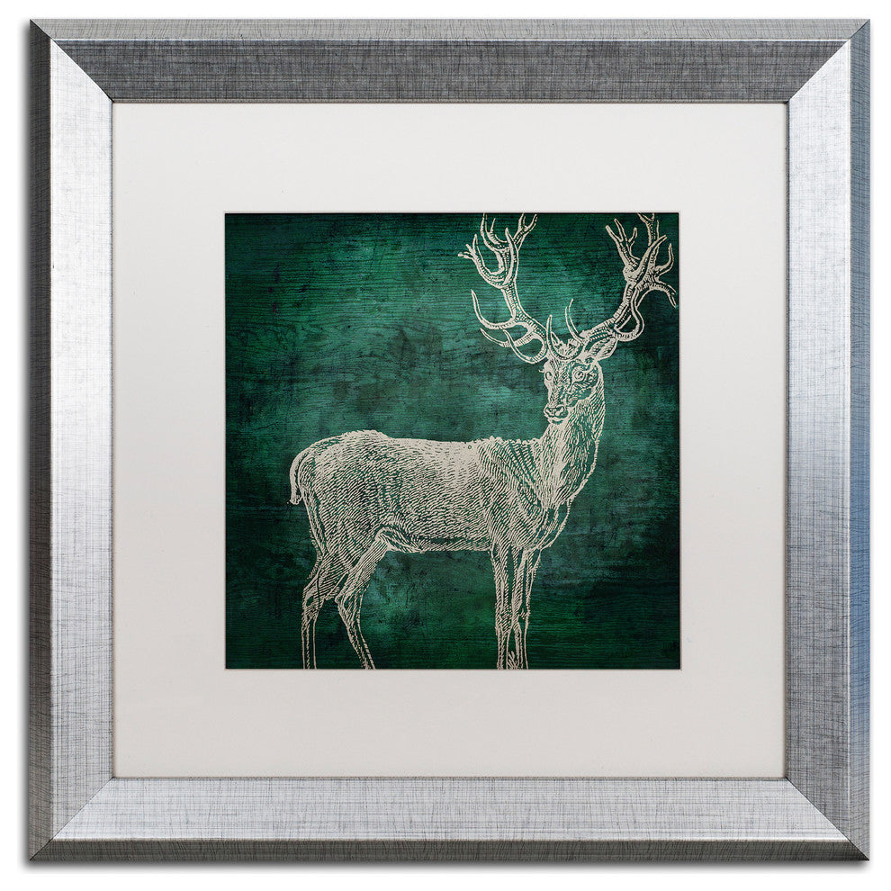 Color Bakery 'Emerald Deer' Art, Silver Frame, White Matte, 16"x16"
