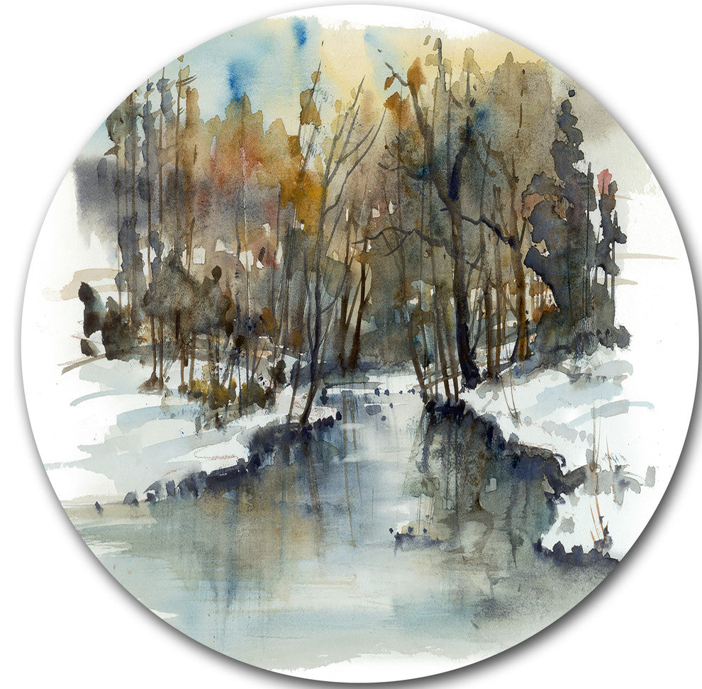 River In Woods Watercolor, Landscape Painting Round Wall Art, 11"