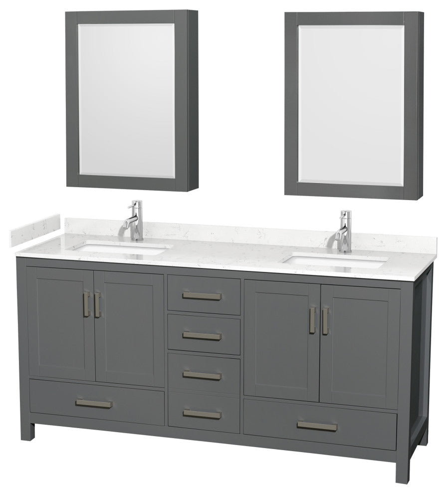 72"DBL Vanity Dark Gray, Carrara Cult. Marble Countertop, Sinks, Med. Cabinets