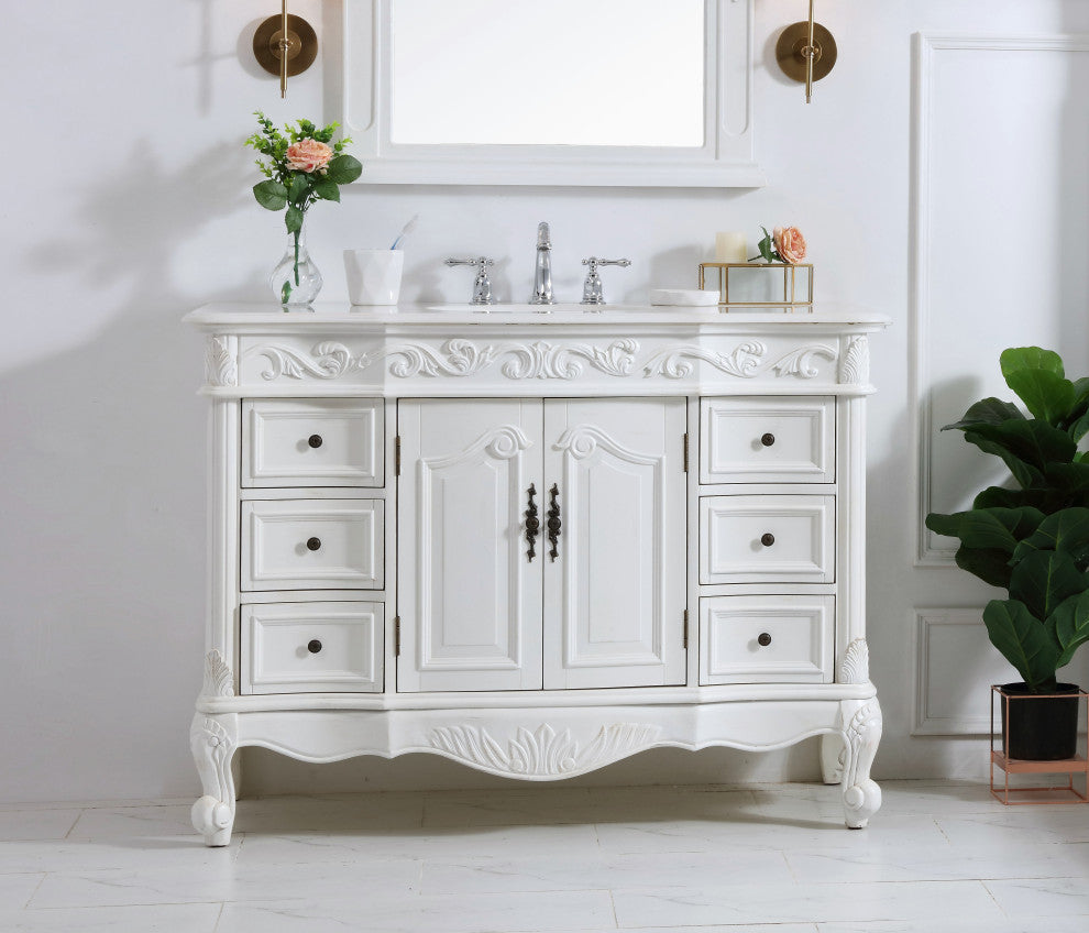 42" Single Bathroom Vanity, Antique White With Ivory White Engineered Marble, Antique White, 48