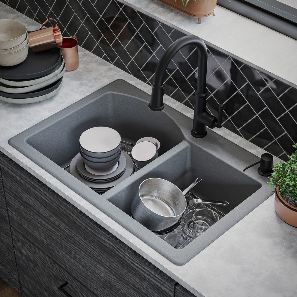 Karran Drop-In Quartz 33" 1-Hole 60/40 Double Bowl Sink Kit, Grey