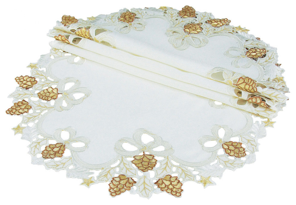 Gilded Pines Embroidered Cutwork Christmas Doilies, 12" Round, Set of 4