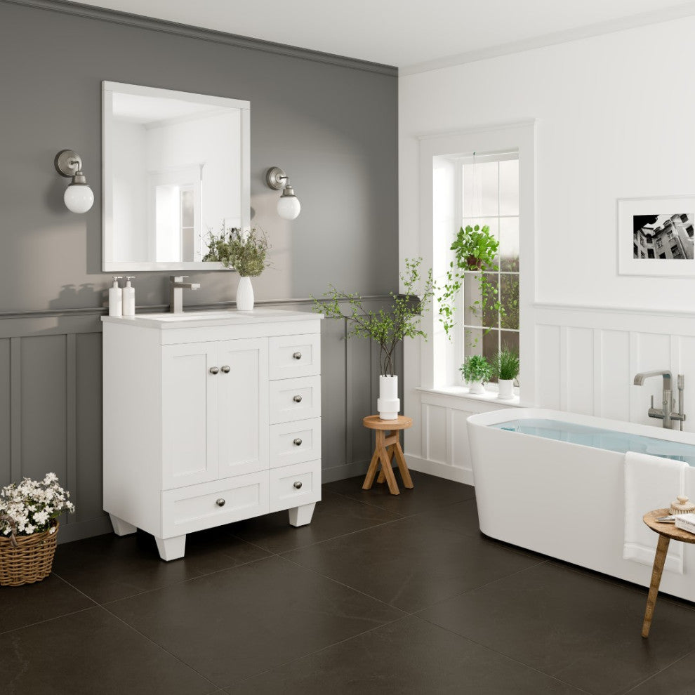Eviva Happy 30"W White Bathroom Vanity with White Carrara Quartz Countertop