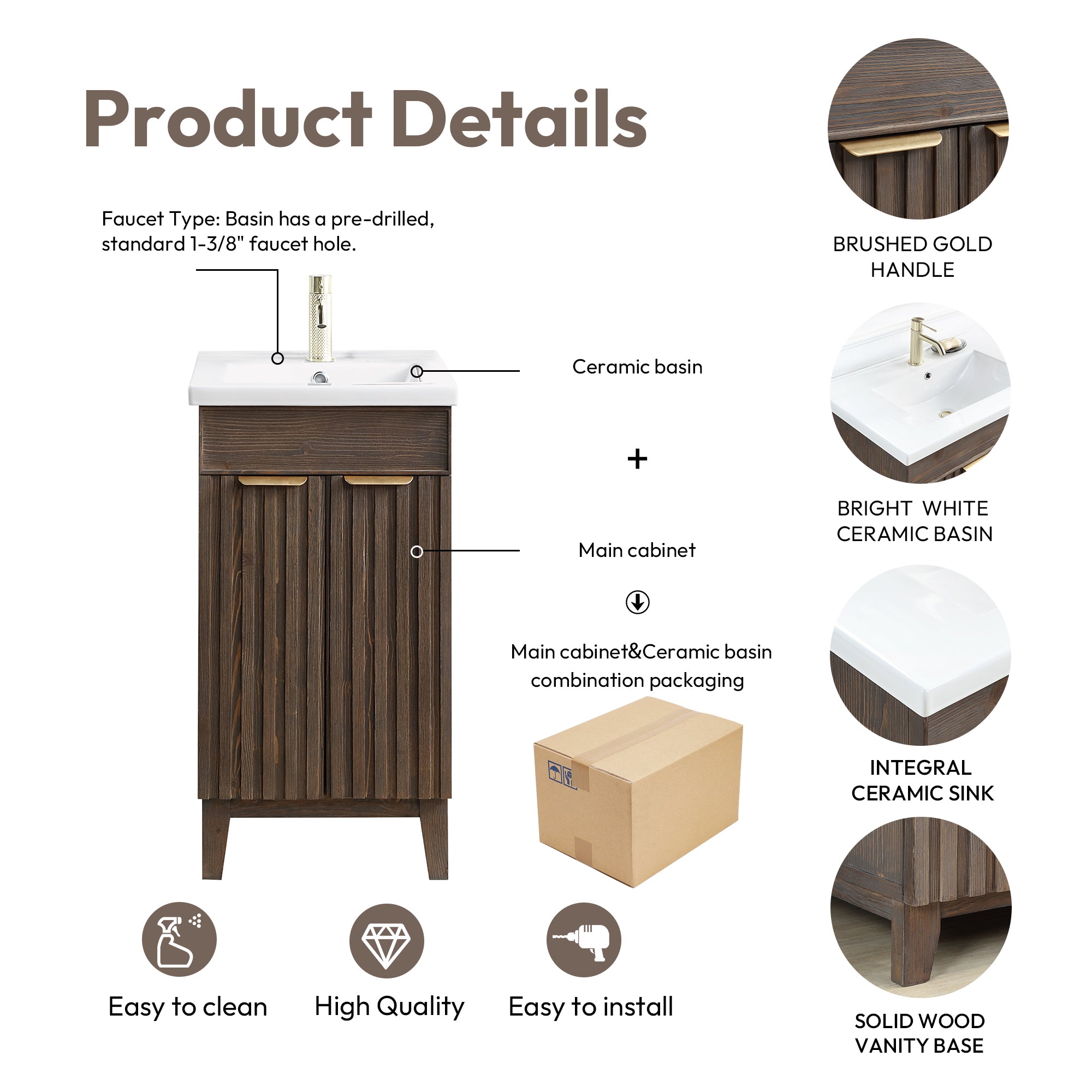Palos Bathroom Vanity, Spruce Aged Brown, 18", Ceramic Top, With Mirror