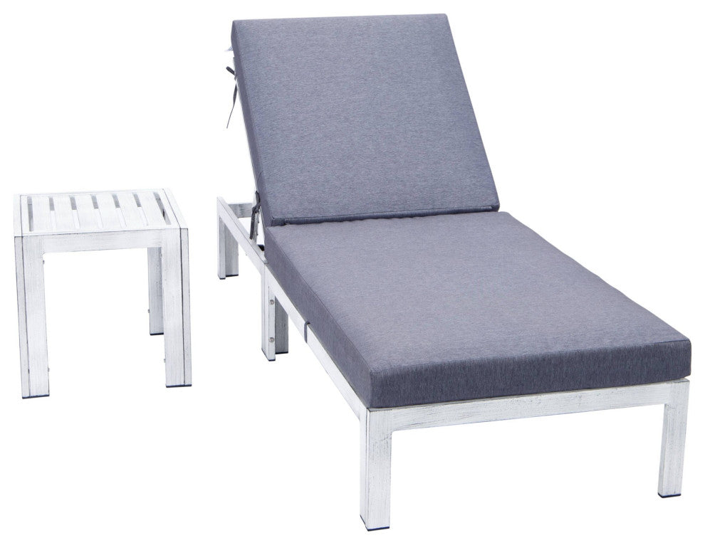 LeisureMod Chelsea Weathered Gray Chaise Lounge and Side Table, Blue