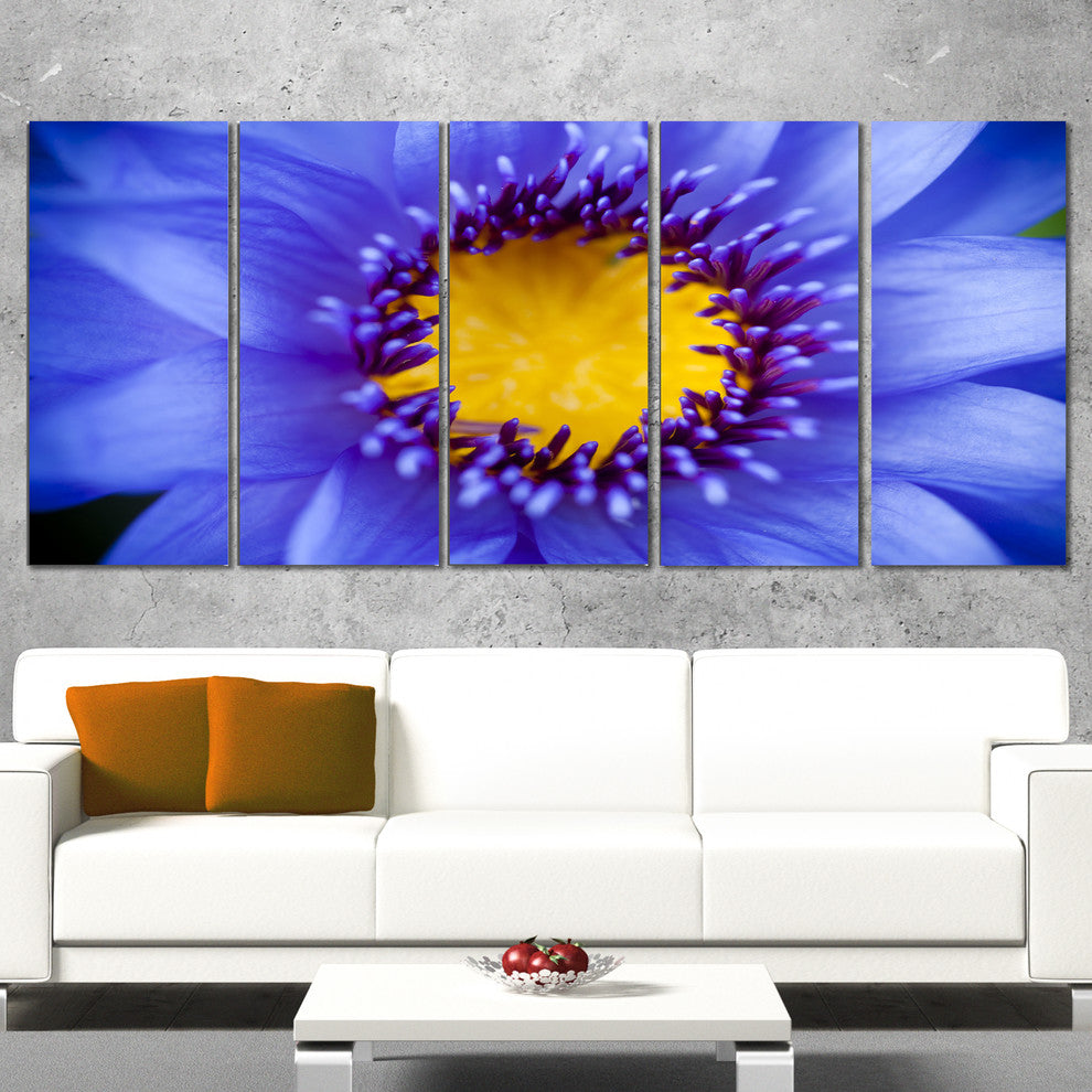 Blue Lotus Close up Watercolor, Flowers Canvas Wall Artwork, 60"x28", 5 Panels