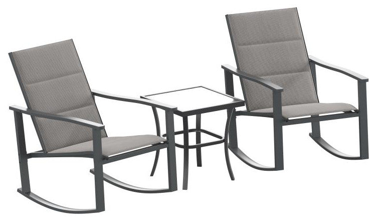 Brazos 3 Piece Outdoor Rocking Chair & Glass Top Table Set, Gray/Black