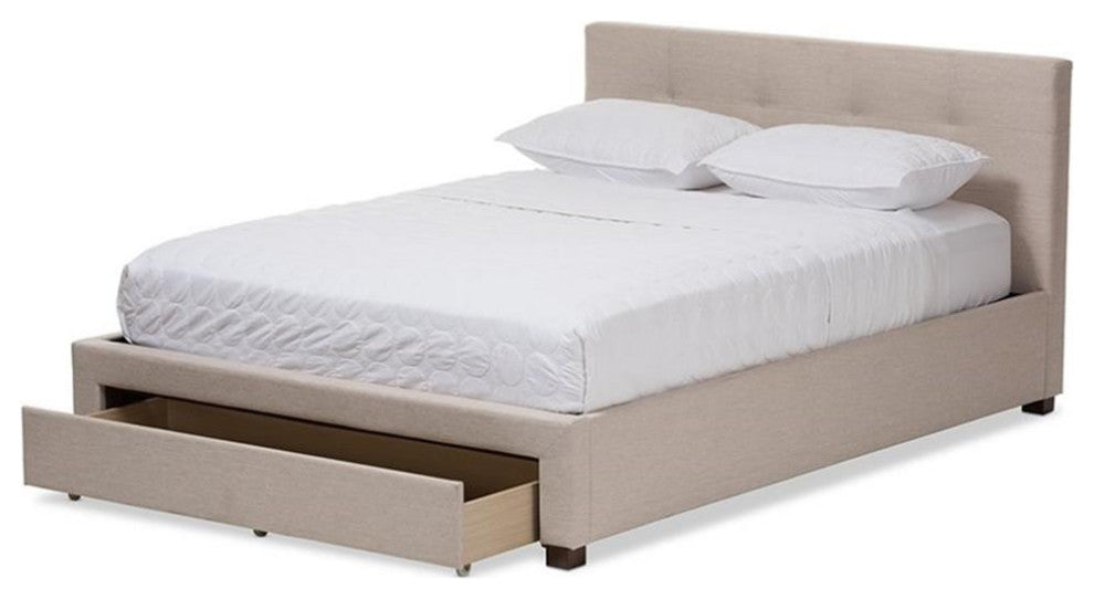 Brandy Light Beige Fabric Upholstered Queen Size Storage Platform Bed