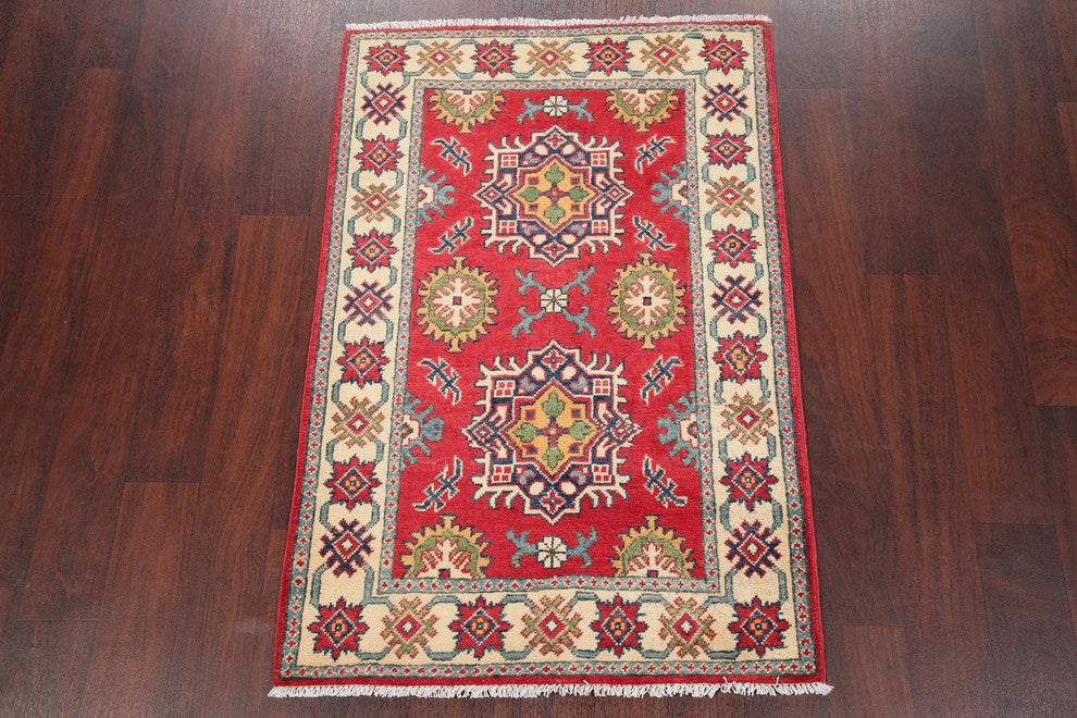Traditional Pakistani Kazak Wool Hand-Knotted Oriental Area Rug, Red, 4'1"X2'9"