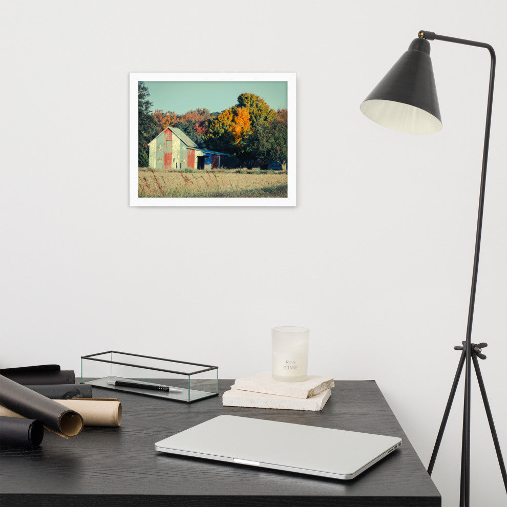 Patriotic Weathered Barn in Field Cross Processed Framed Photo Wall Art Prints, White, 11" X 14"