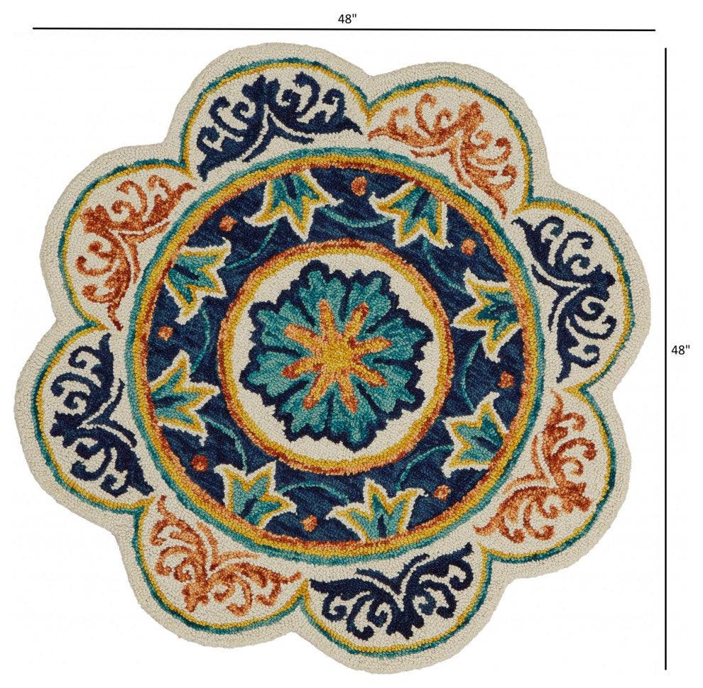 4' Round Ivory And Navy Decorative Area Rug
