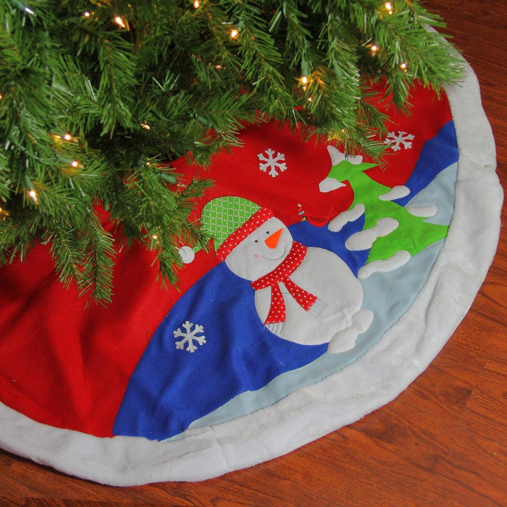 48" Red and White Fleece Christmas Snowman Winter Tree Skirt