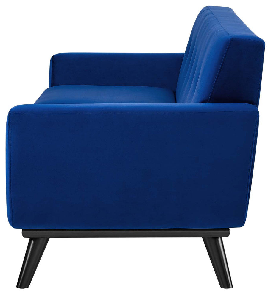 Loveseat Sofa, Blue Navy, Velvet, Modern, Mid Century Hotel Lounge Cafe Lobby
