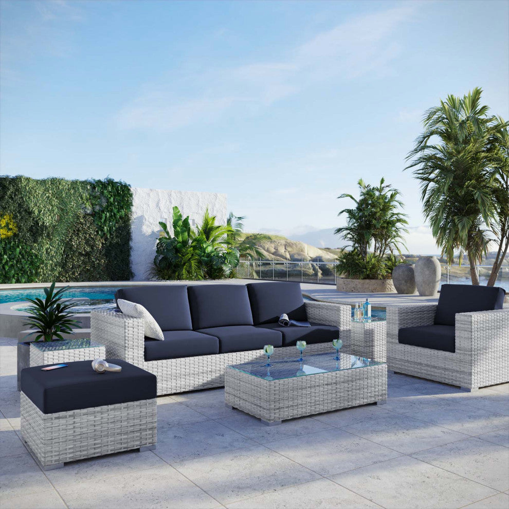 Lounge Sectional Sofa Chair Set, Rattan, Wicker, Gray Blue Navy, Outdoor