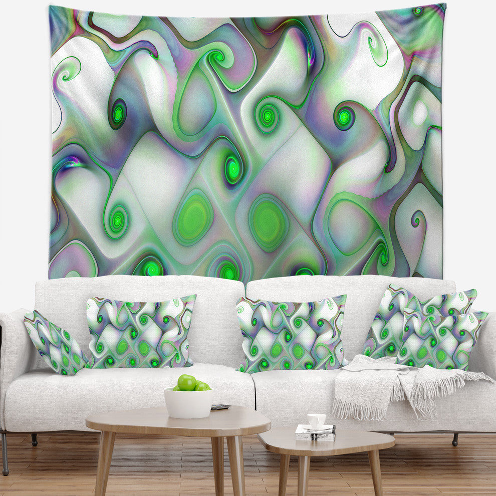 White Green Pattern with Swirls Abstract Wall Tapestry, 92"x78"