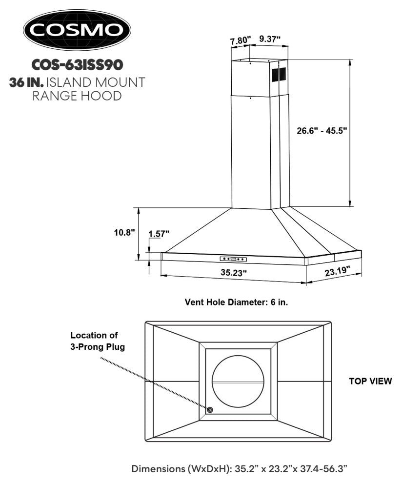 36" 380 CFM Ducted Island Range Hood with LED Lighting in Stainless Steel