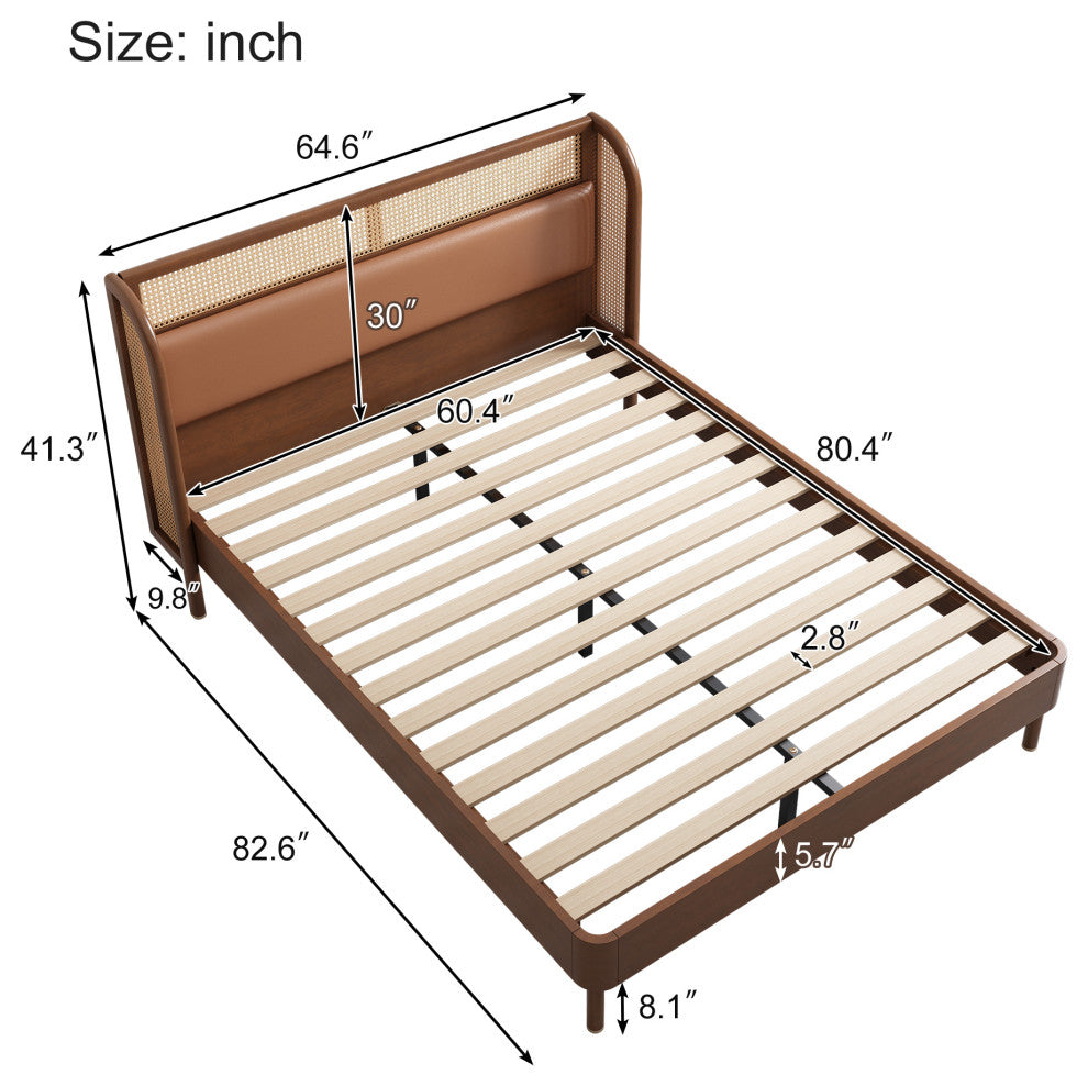Black/Walnut Queen Wood Frame Platform Bed, Wingback Headboard, Walnut