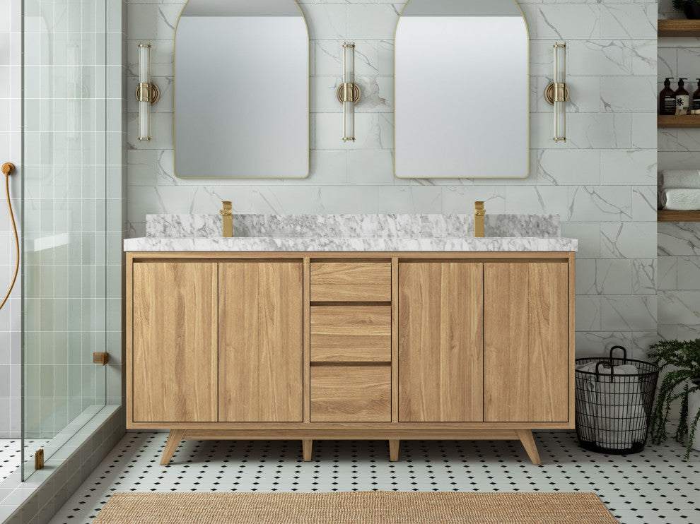 Madison Teak 72 Double Sink Bath Vanity in Light Natural 2" Carrara Marble