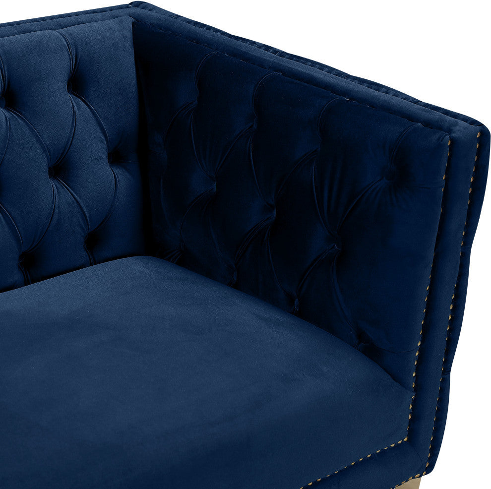 Michelle Fabric Upholstered Chair, Gold Iron Legs, Navy, Velvet, Loveseat