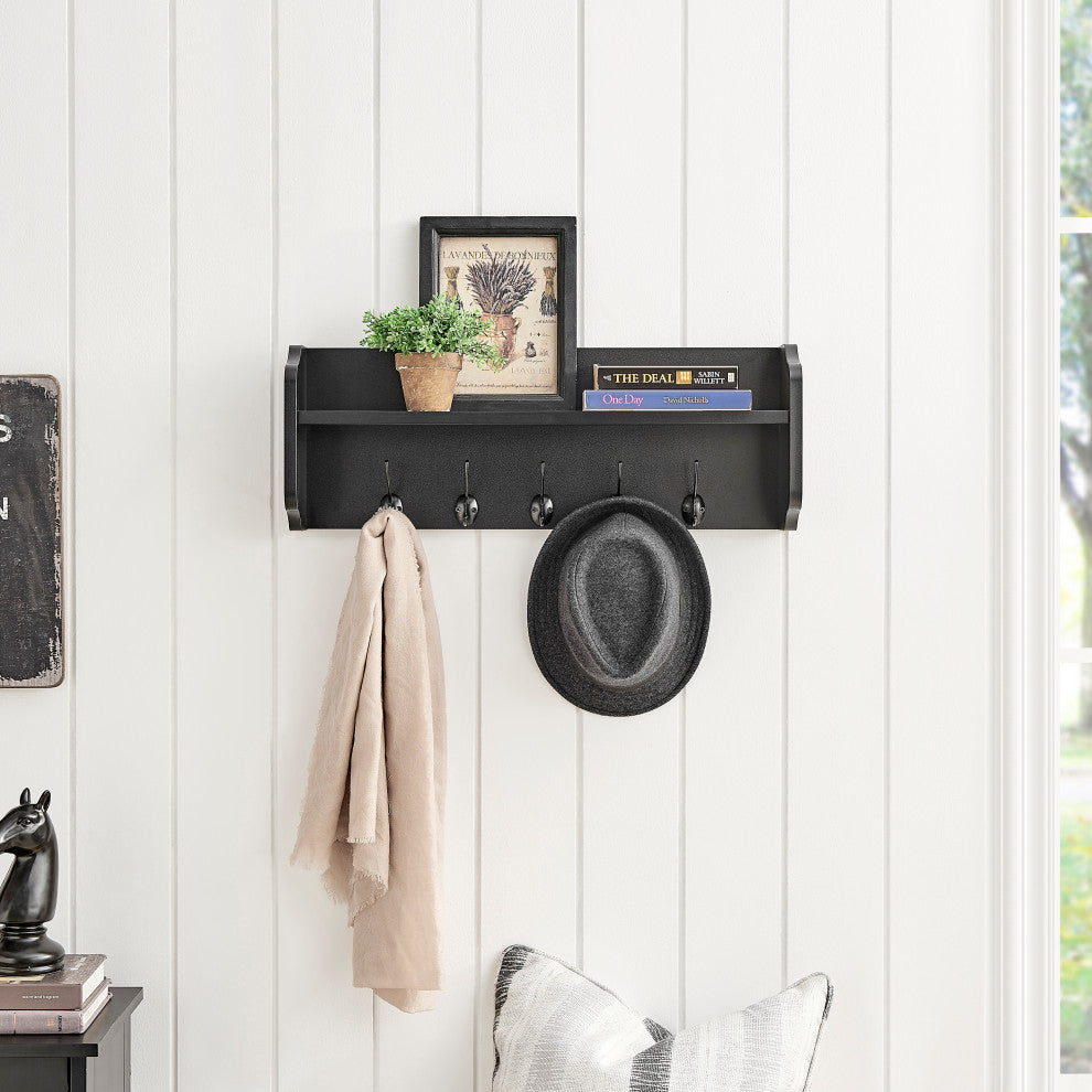 Danya B. Entryway Floating Utility Wall Shelf with Hooks "“ Wall Mounted, Black