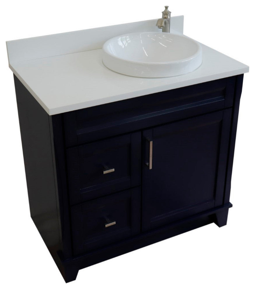 37" Single Sink Vanity, Blue Finish With White Engineered Stone Top