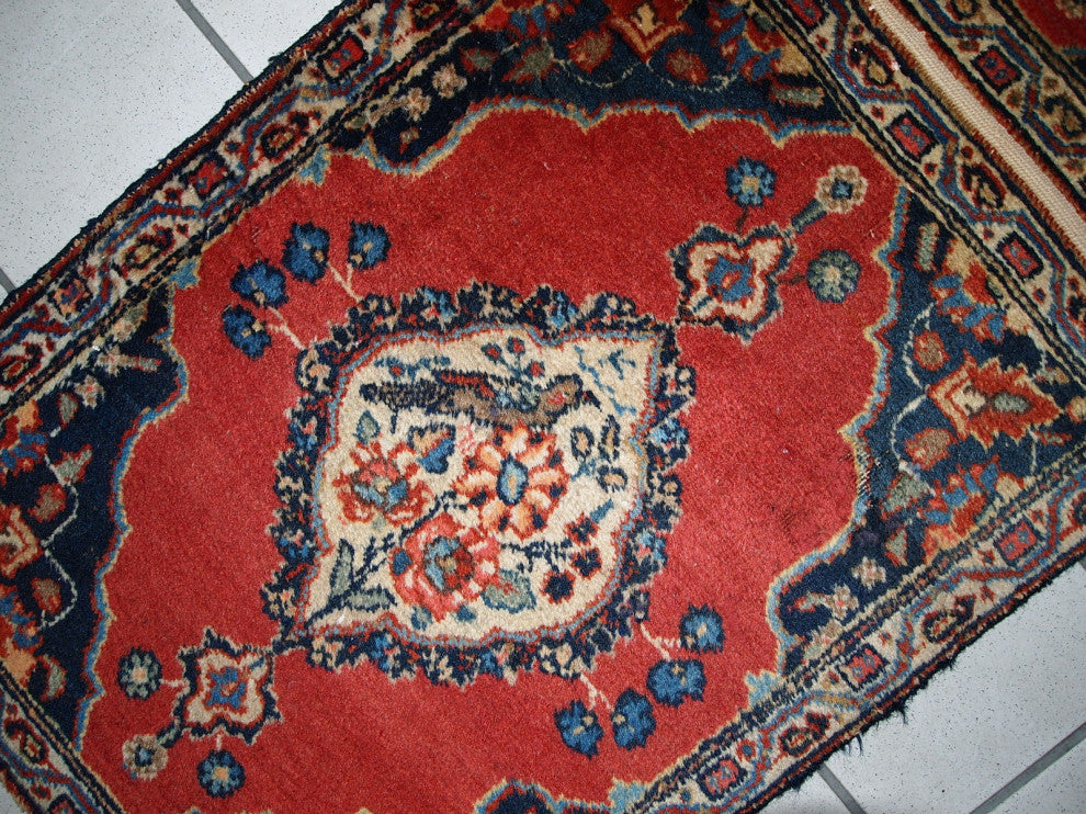 Handmade antique collectible Persian Tabriz double mat rug 1.7' x 4.7' ( 52cm x