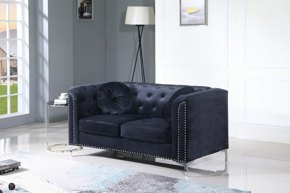 Pompano 62 in. Black Tufted Velvet 2-Seater Sofa With 2-Throw Pillow