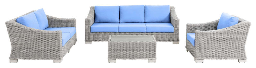 Lounge Sectional Sofa Chair Set, Rattan, Wicker, Gray Blue, Modern, Outdoor