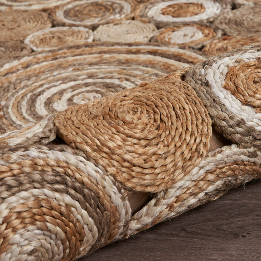 Multi-toned Intricate Circle Organic Jute Area Rug, 4' Round