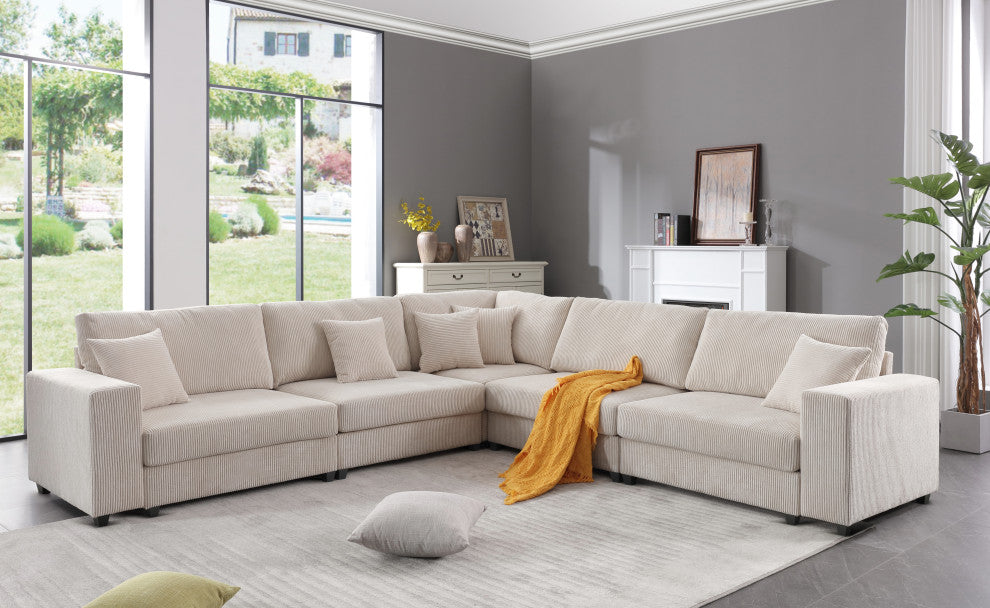 117.2'' Corduroy Modular Sofa Sectional with Matching Accent Pillows, Beige