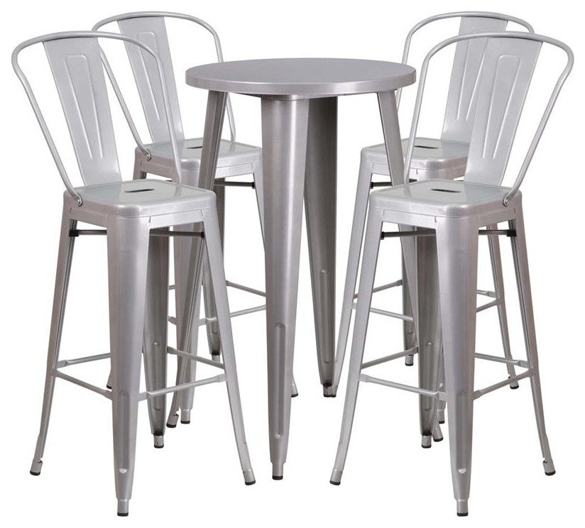 24'' Round Silver Metal Indoor-Outdoor Bar Table Set With 4 Cafe Barstools