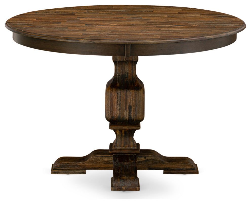 Round Dining Table, Rustic Rubberwood Table, Distressed Jacobean Finish, 48"