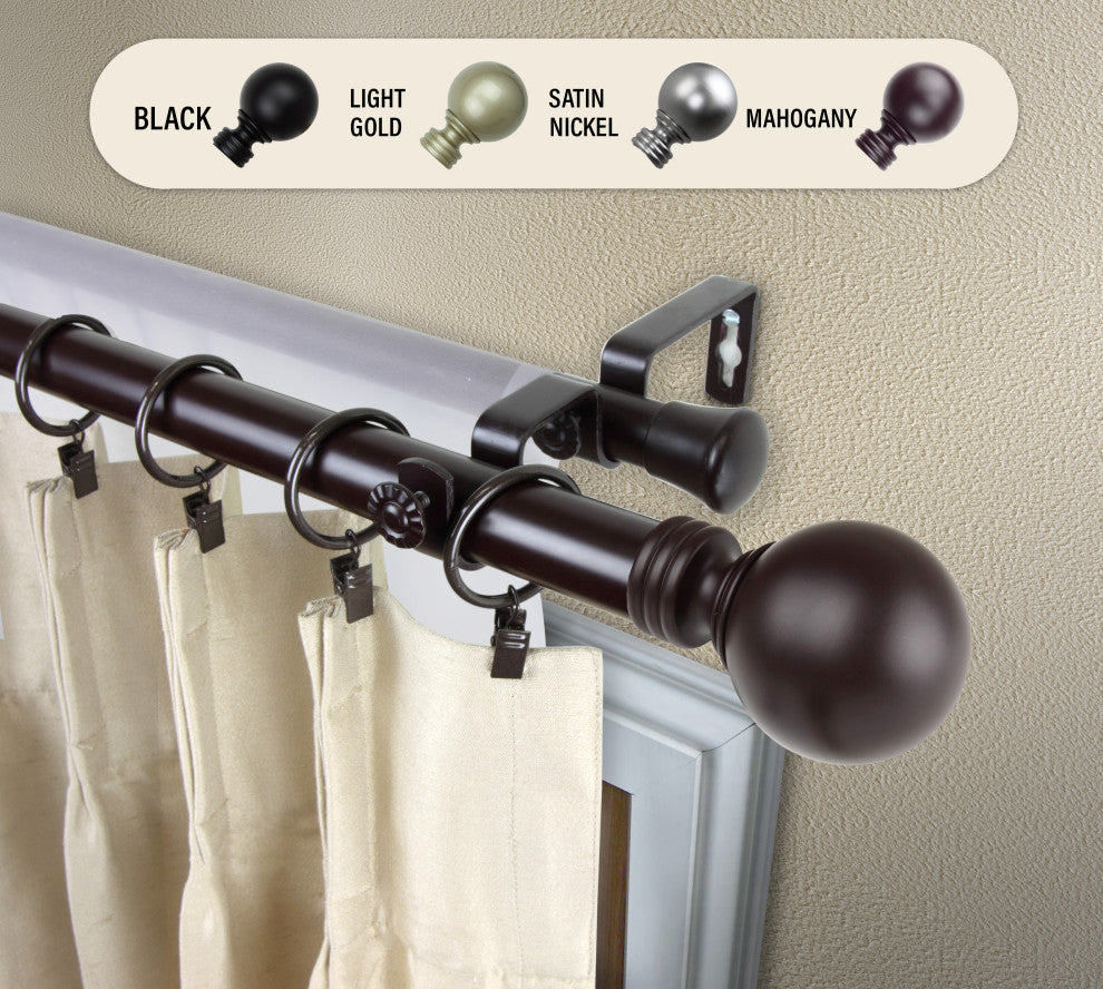 Globe Double Curtain Rod, Mahogany, 66-120"