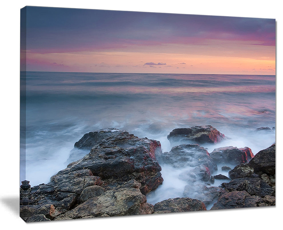 "Blue Rocky Sea Beach Sunset" Modern Landscape Wall Art Canvas, 20"x12"