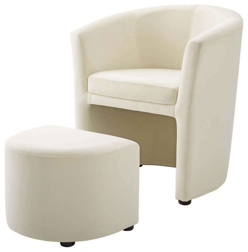 Lounge Lobby Armchair Accent Chair and Ottoman, Velvet Fabric, Ivory White
