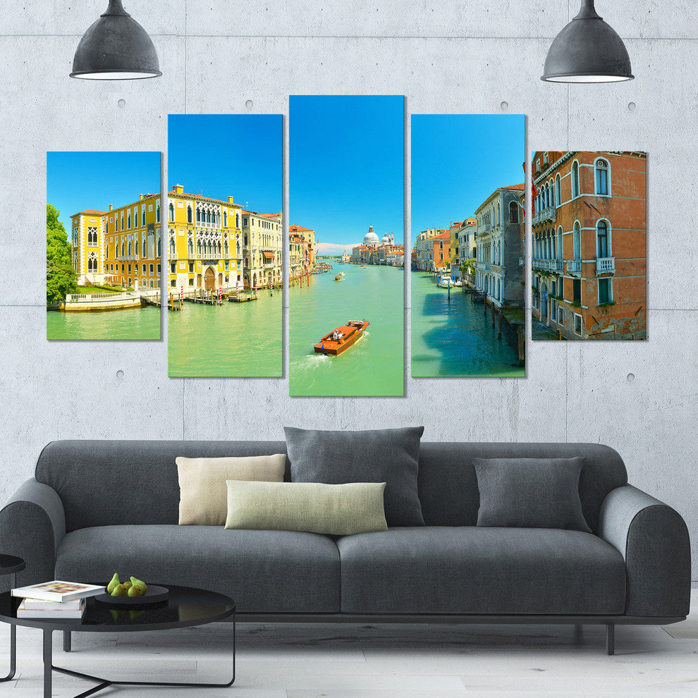 Green Grand Canal Venice, Landscape Canvas Art Print, 60"x32", 5 Panels