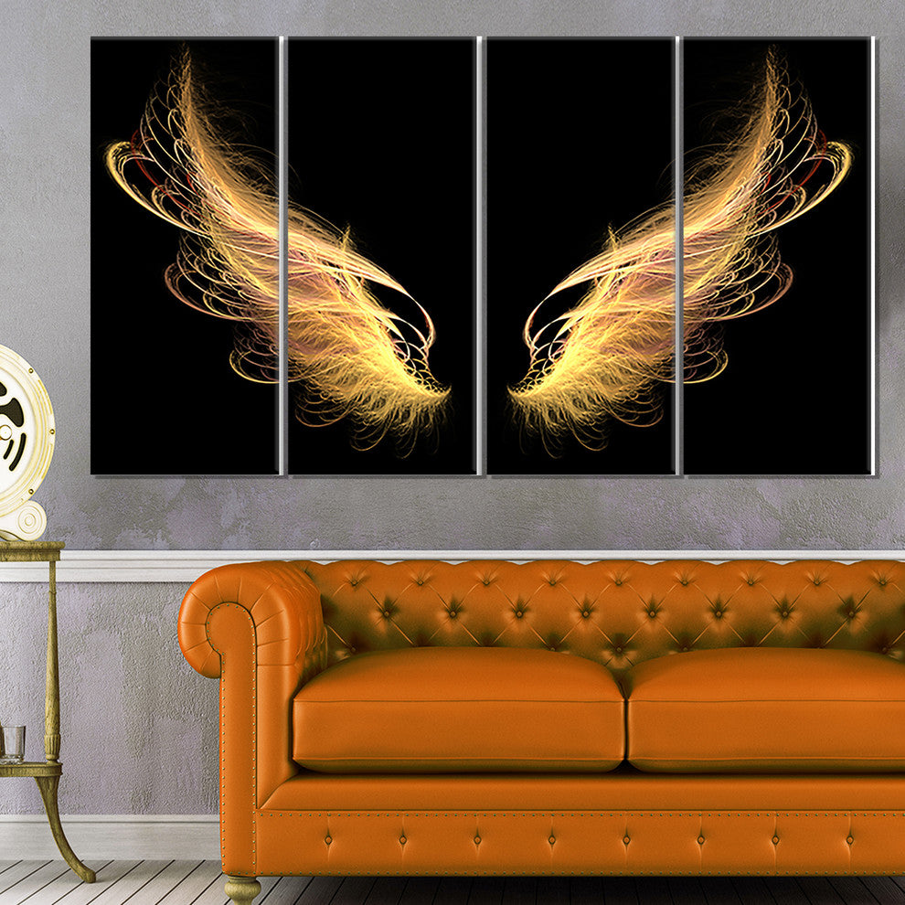 Golden Angel Wings on Black, Oversized Abstract Canvas Art, 48"x28", 4 Panels