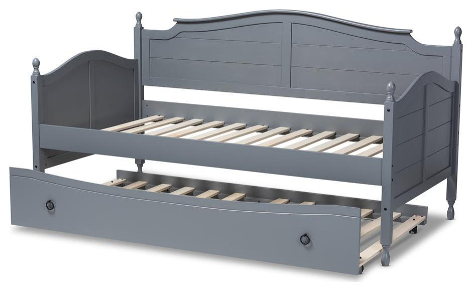 Mara Cottage Farmhouse Gray Wood Twin Size Daybed With Roll-Out Trundle Bed